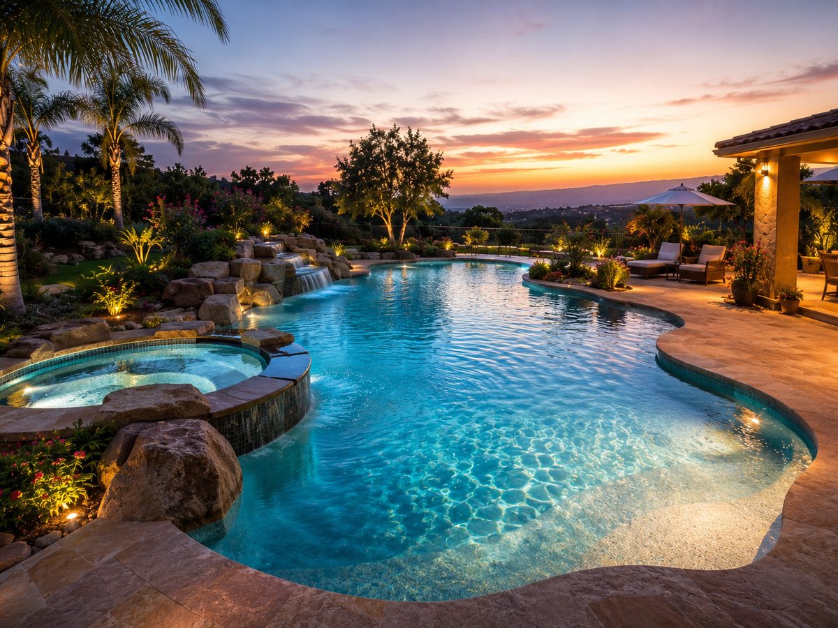 Freeform pool with rock waterfall at sunset