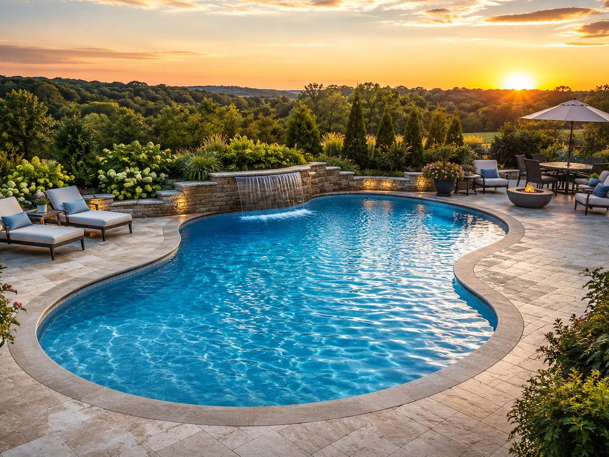 Kidney-shaped pool with waterfall at sunset