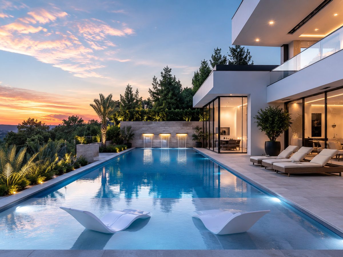 Modern rectangular pool with travertine decking