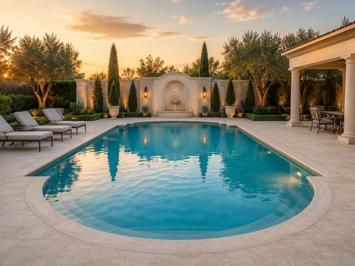 Roman-style pool with arched fountain wall and columns